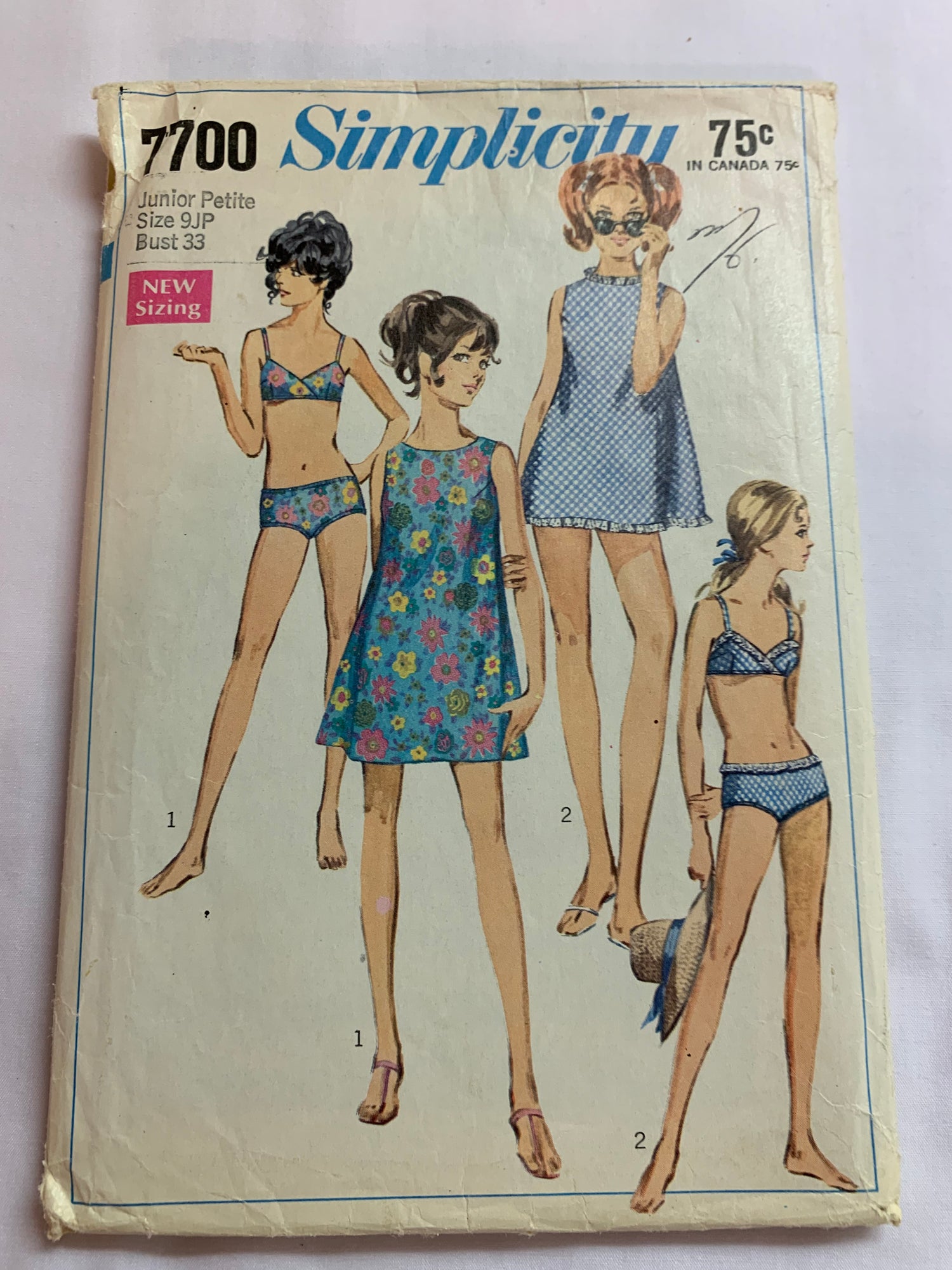 Simplicity Sewing Pattern 7700 Misses'/Junior Petites Swimsuit, Bikini, Cover-Up, Two Piece, Mini-Dress, Size 9, Cut, Vintage 1968