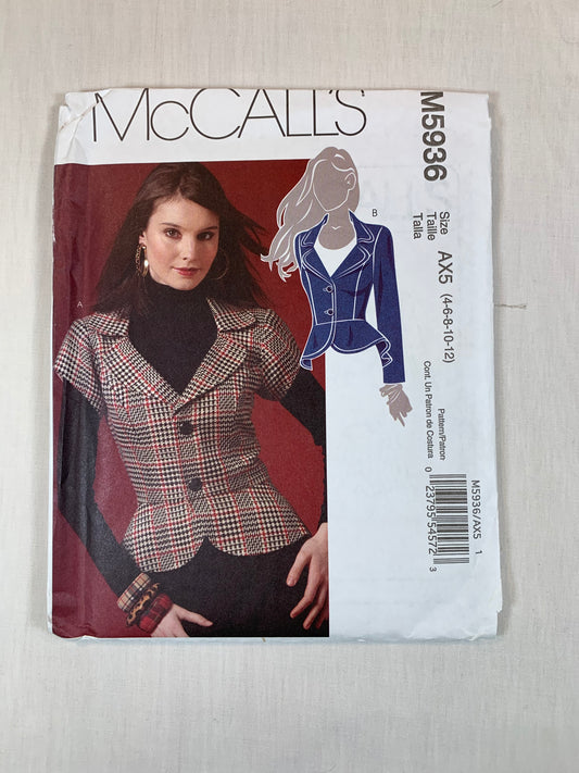 McCall's M5936 Misses' Lined Jacket, Size 4-12, Uncut, 2009