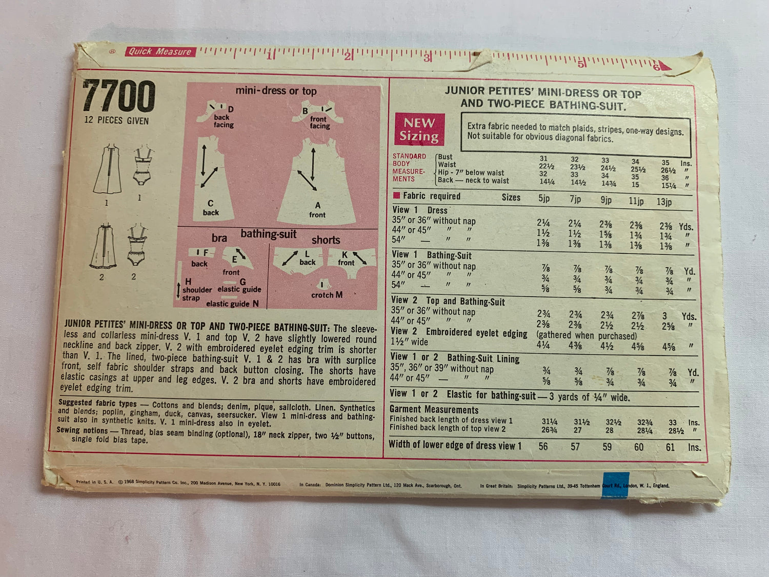 Simplicity Sewing Pattern 7700 Misses'/Junior Petites Swimsuit, Bikini, Cover-Up, Two Piece, Mini-Dress, Size 9, Cut, Vintage 1968