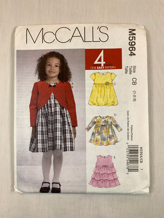 McCall's M5964 Toddlers' Girls' Lined Shrug, Dresses, Size 1-3, Uncut, 2009