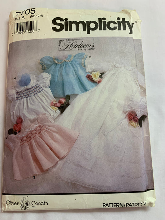 Simplicity Sewing Pattern 7705 Babies/Infants, Two Lengths, Bonnet, Christeing Gown, Smocking, Collar, Short Puff Sleeves, Size 1-12 Mths, Cut, Vintage 1991