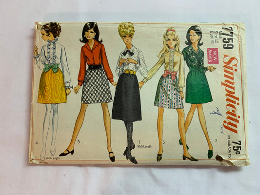 Simplicity Sewing Pattern 7759 Misses' Skirt, Two Lengths, Blouse, Long Sleeves, Button Front, Collar, Size 12, Cut, Vintage 1968