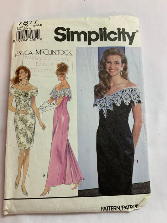 Simplicity Sewing Pattern Jessica McClintock 7817 Misses'/Misses' Petite Lined Dress, Two Lengths, Fitted, Shoulder Collar, Zipper Back, Size 10-14, Cut, Vintage 1992