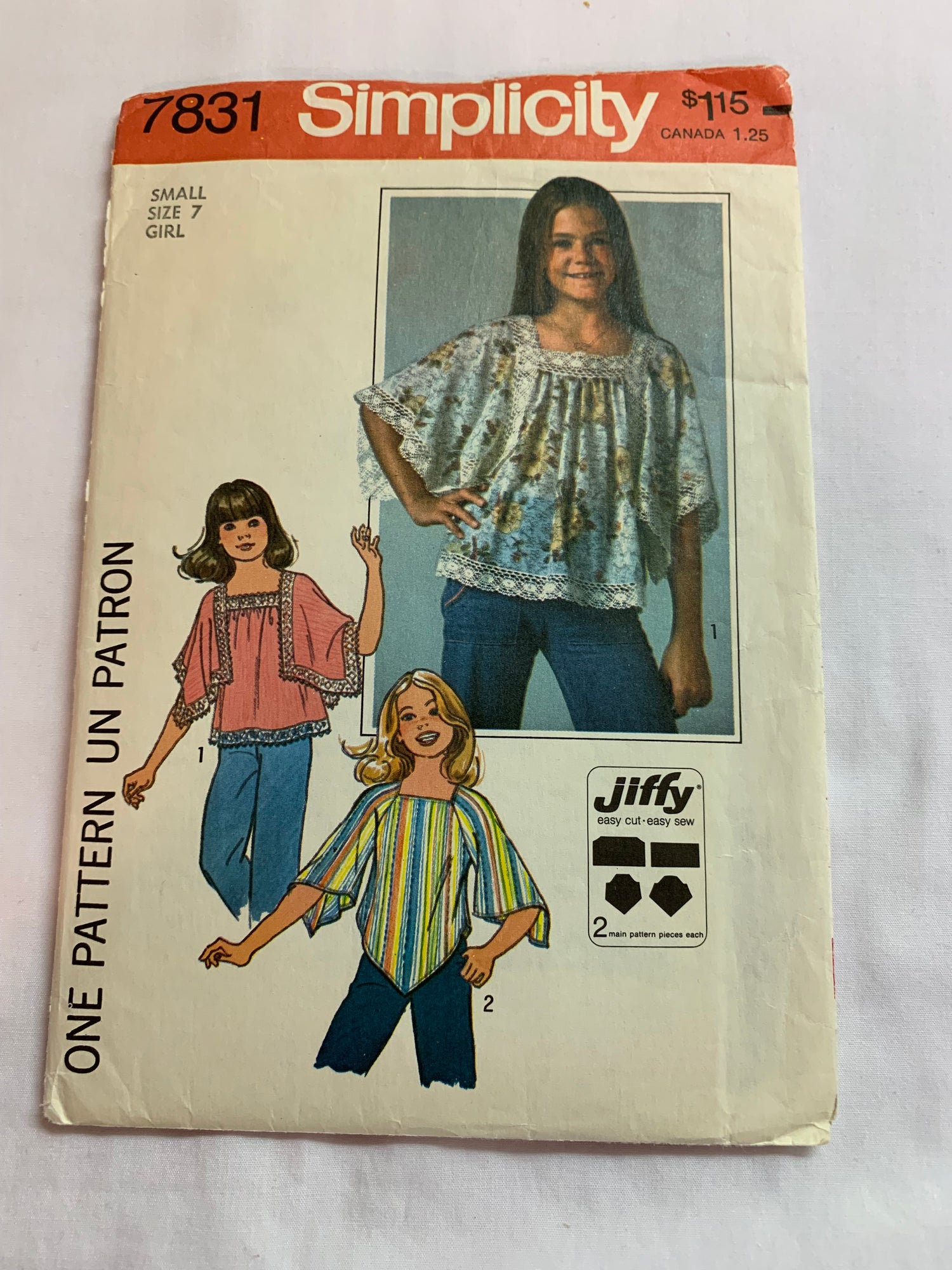 Simplicity Jiffy Sewing Pattern 7831 Girls' Jiffy Pullover Tops, Angel Raglan Sleeves, Handerchief Hems, Size 7, Cut, Vintage 1976