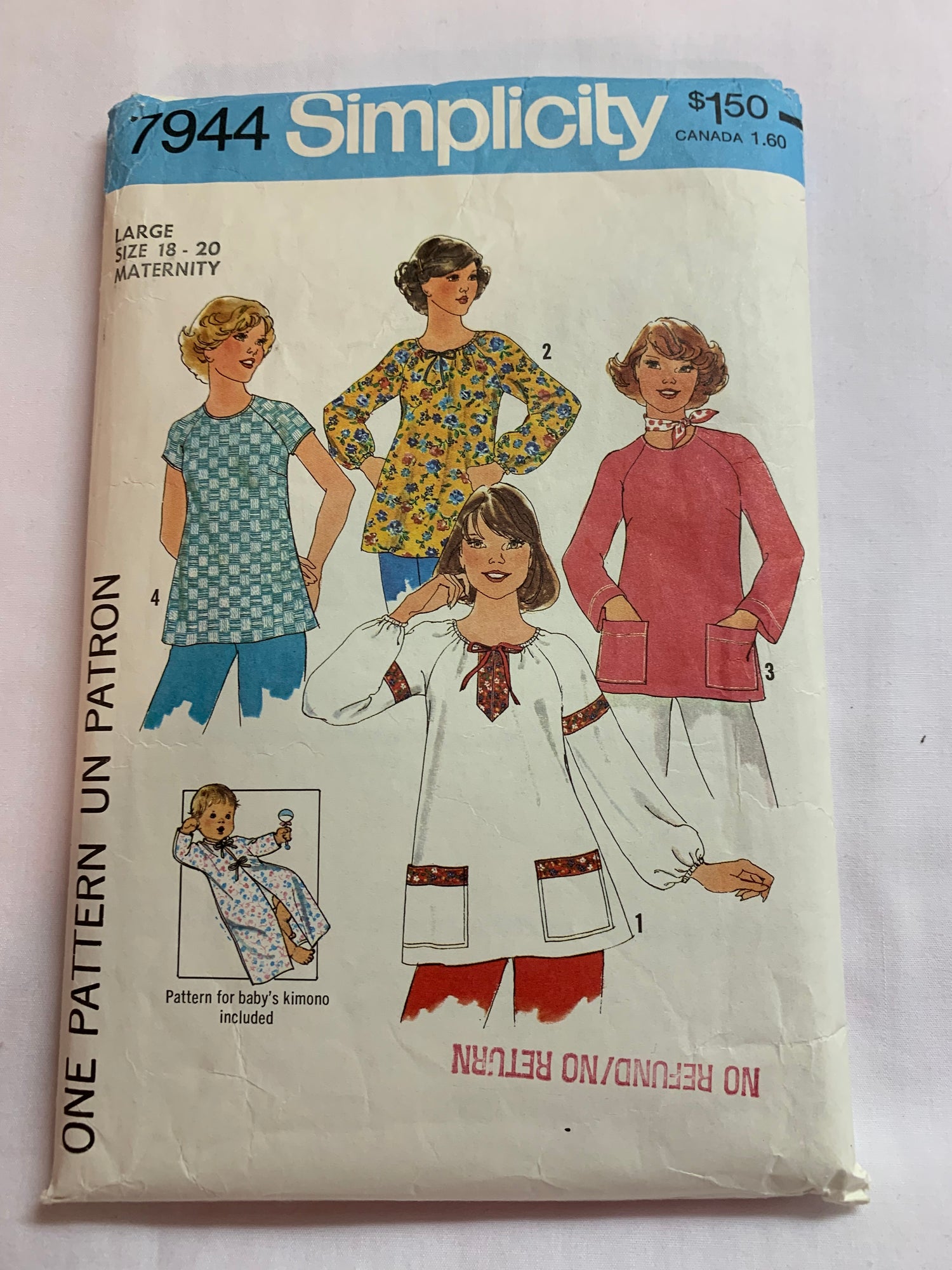 Simplicity Sewing Pattern 7944 Misses' Maternity Pullover Tops, Pockets, Long/Short Raglan Sleeves, 4 Variations Babies Kimono, Size 12, Cut, Vintage 1960