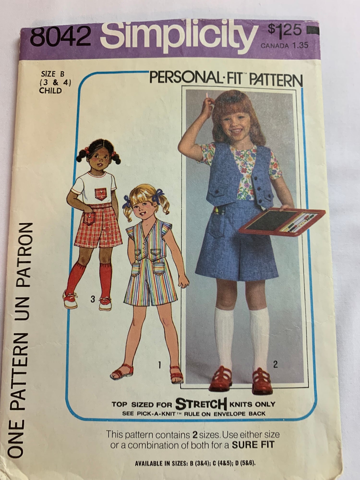 Simplicity Sewing Pattern 8042 Girls' Pantskirt, Top, Vest, Stretch Knits Only, Pockets, Elastic Waist, Short Sleeves, Size 3-4, Cut, Vintage 1977