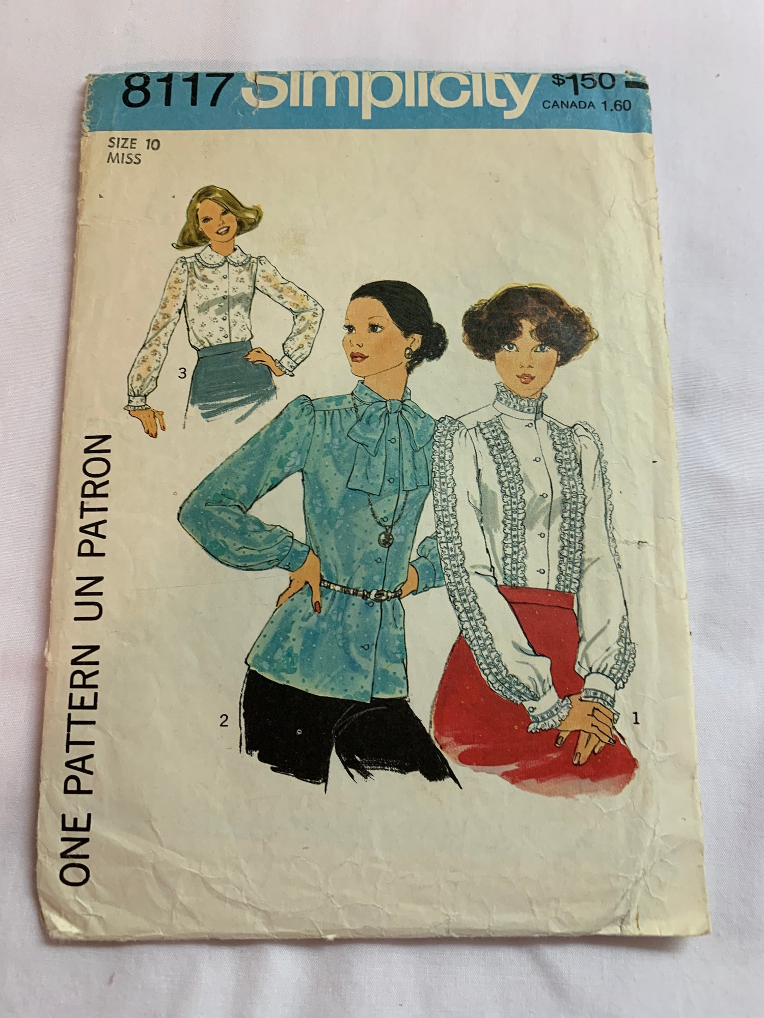 Simplicity Sewing Pattern 8117 Misses' Top, Shirt, Blouse, Button Front, Long Sleeves, Stand Up Collar, Size 10, Cut, Vintage 1977