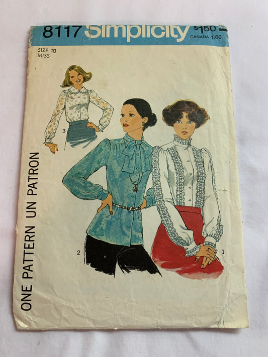 Simplicity Sewing Pattern 8117 Misses' Top, Shirt, Blouse, Button Front, Long Sleeves, Stand Up Collar, Size 10, Cut, Vintage 1977