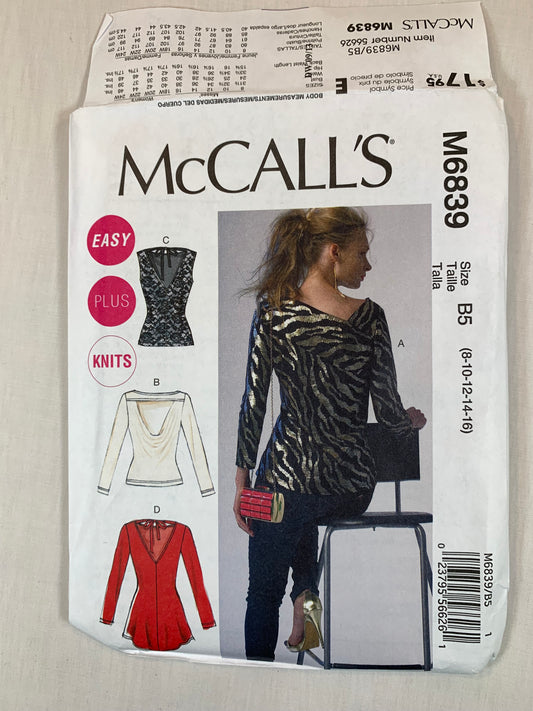 McCall's M6839 Misses'/Women's Tops, Tunics, Size 8-16, Uncut, 2013