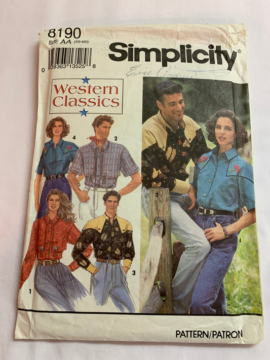 Simplicity Sewing Pattern 8190 Misses'/Men's/Teens' Western Shirt, Long/Short Sleeves, Snap/Button Front, Size 30-40, Cut, Vintage 1992