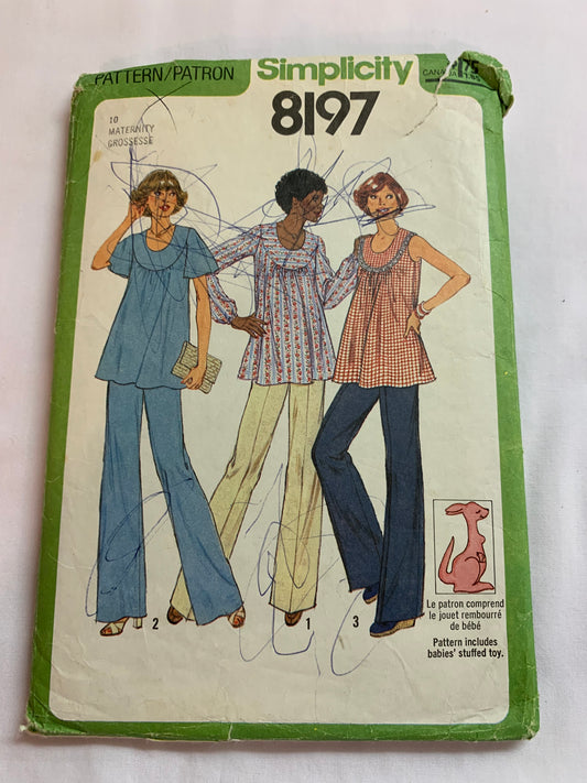 Simplicity Sewing Pattern 8197 Misses' Maternity Tops, Pants, Elastic Waist, Zipper Back, Long/Short Sleeves, Sleeveless, Round Neckline, 3 Variations Size 10, Cut, Vintage 1977