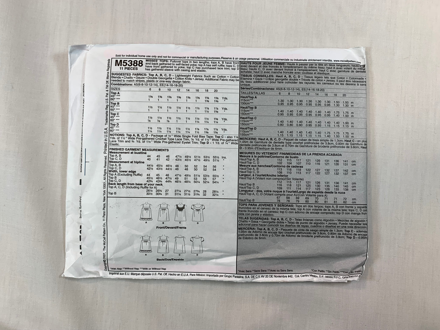 McCall's M5388 Misses' Tops, Size 6-140, Uncut, Vintage 2007