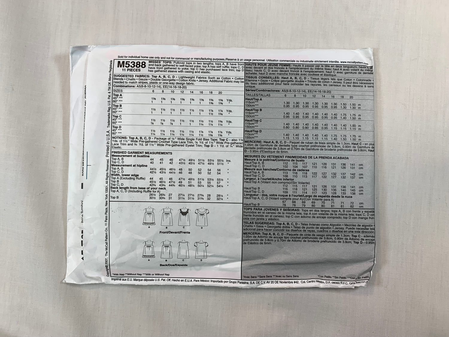 McCall's M5388 Misses' Tops, Size 6-140, Uncut, Vintage 2007