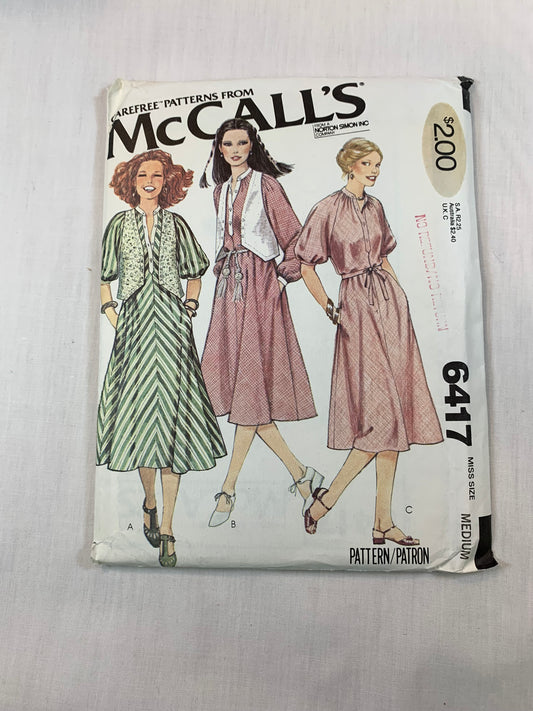 McCall's 6417 Misses' Dress, Vest, Size 14-16, Uncut, Vintage 1978