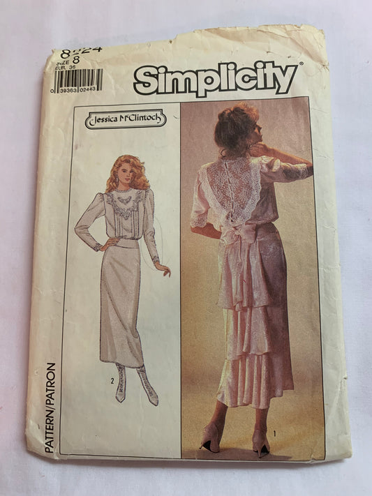 Simplicity Sewing Pattern Jessica McClintock 8224 Misses' Dress, Straight Skirt, Zipper Back, Long/Short Sleeves, Flounces, Fish Tail, Size 8, Cut, Vintage 1987