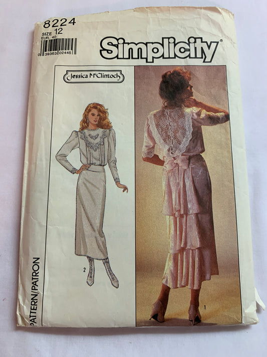 Simplicity Sewing Pattern Jessica McClintock 8224 Misses' Dress, Straight Skirt, Zipper Back, Long/Short Sleeves, Flounces, Fish Tail, Size 12, Cut, Vintage 1987