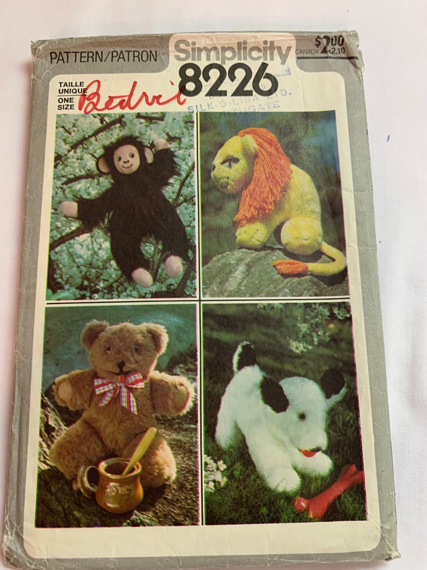 Simplicity Sewing Pattern 8226 Crafts, Stuffed Animals, Monkey, Lion, Bear, Dog, Toys, Cut, Vintage 1977
