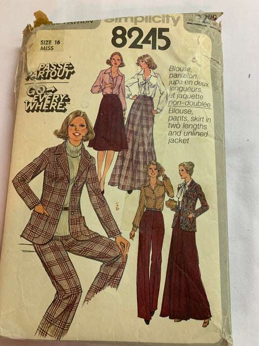 Simplicity Sewing Pattern 8245 Misses' Skirt, Two Lengths, Blouse, Pants, Long Sleeves, Button Front, Collar, Size 16, Cut, Vintage 1977