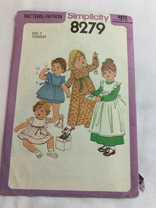 Simplicity Sewing Pattern 8279 Toddlers' Dress, Pinafore, Two Lengths, Tie Back, Button/Zipper Back, Long/Short Sleeves, Size 2, Cut, Vintage 1977