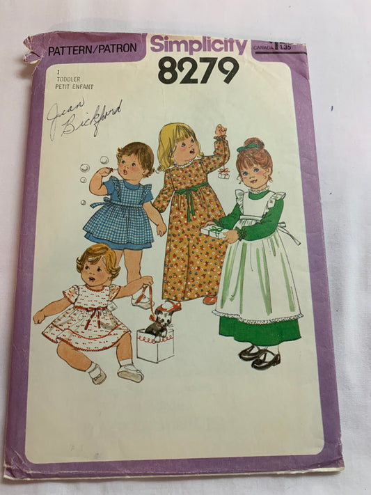 Simplicity Sewing Pattern 8279 Toddlers' Dress, Pinafore, Two Lengths, Tie Back, Button/Zipper Back, Long/Short Sleeves, Size 1, Cut, Vintage 1977