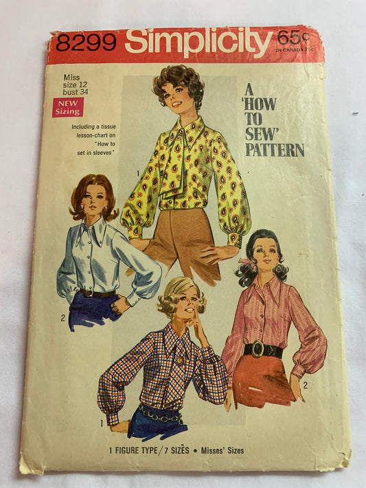 Simplicity Sewing Pattern 8299 Misses' Blouses, Shirts, Ascot, Long Sleeves, Collar, Button Front, Darts, Size 12, Cut, Vintage 1969