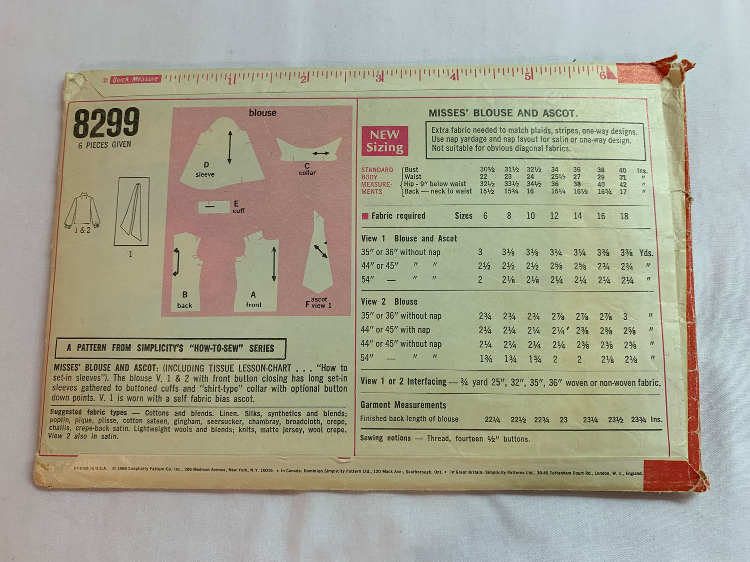 Simplicity Sewing Pattern 8299 Misses' Blouses, Shirts, Ascot, Long Sleeves, Collar, Button Front, Darts, Size 12, Cut, Vintage 1969