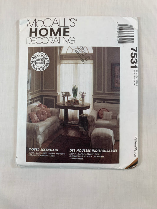 McCall's 7531 Home Decor, Cover Essentials, Loveseat, Ottoman, Chair, Pillows, Uncut, Vintage 1995