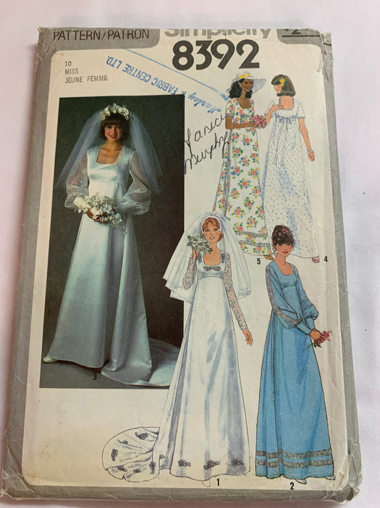 Simplicity Sewing Pattern 8392 Misses' Bridal/Wedding Gowns, Bridesmaids' Dress, Floor Length, Fitted, Ruffles, Long/Short Sleeves, Size 10, Cut, Vintage 1978