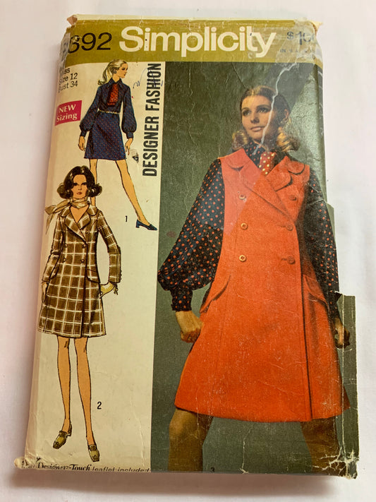 Simplicity Sewing Pattern 8392 Misses' Jumper, Dress, Coat-Dress, Ascot, Long Sleeves, Zipper Back, Collar, Princess Seam, Size 12, Cut, Vintage 1969
