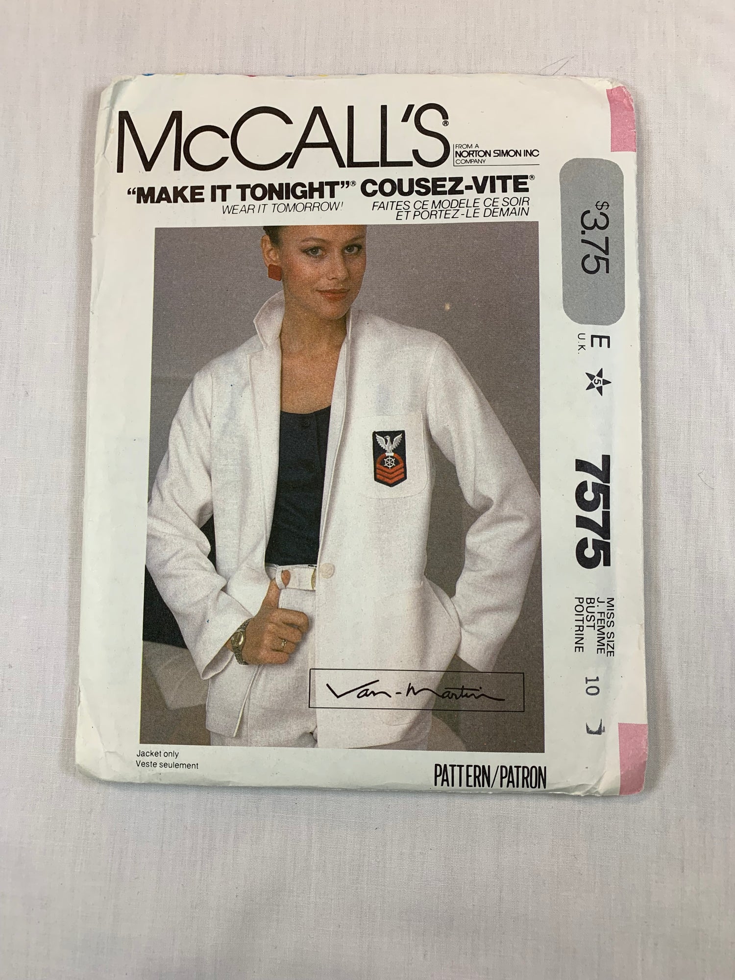 McCall's 7575 Misses' Jacket, Size10, Cut, Vintage 1981