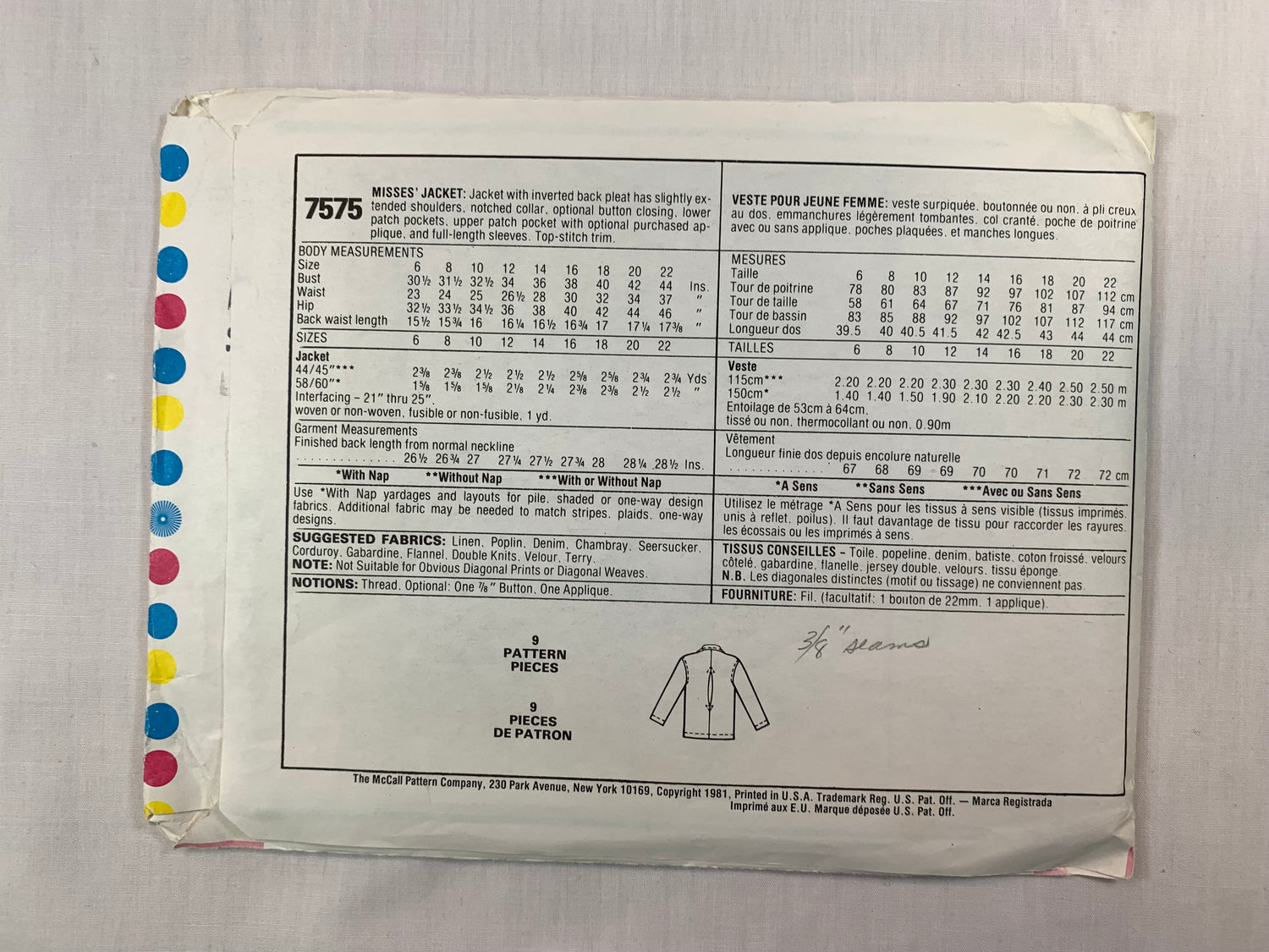 McCall's 7575 Misses' Jacket, Size10, Cut, Vintage 1981