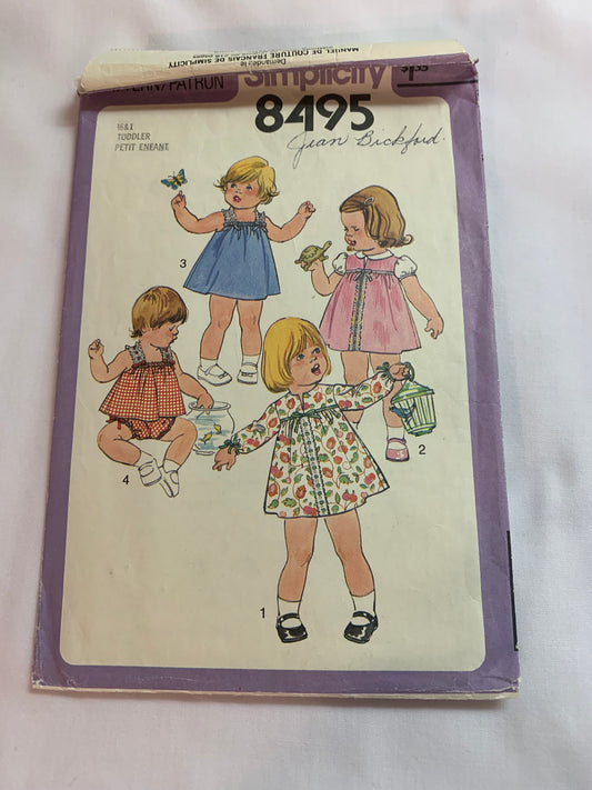 Simplicity Sewing Pattern 8495 Toddlers'/Girls' Dress, Jumper, Sundress, Top, Panties, Elastic Waistline, Button Back, Size 1/2-1, Cut, Vintage 1978