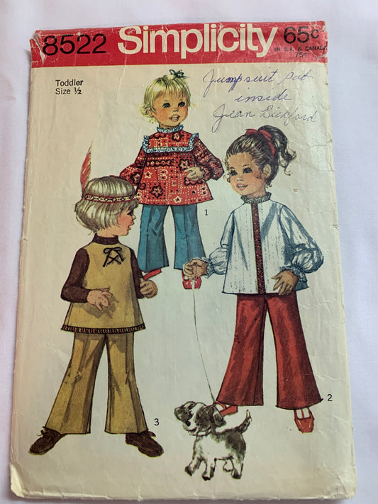 Simplicity Sewing Pattern 8522 Toddlers' Top, Bell-Bottom Pants, Round Neckline, Elastic Waist, Zipper Back, Ruffles, Size 1/2, UnCut, Vintage 1969