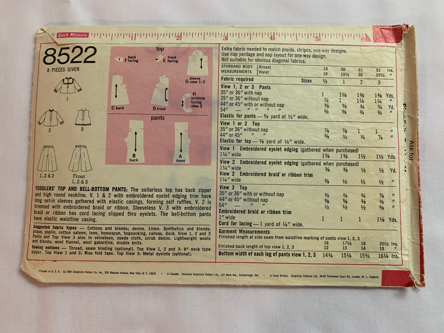 Simplicity Sewing Pattern 8522 Toddlers' Top, Bell-Bottom Pants, Round Neckline, Elastic Waist, Zipper Back, Ruffles, Size 1/2, UnCut, Vintage 1969