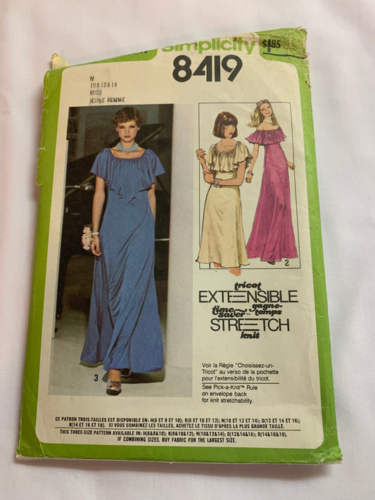 Simplicity Sewing Pattern 8419 Misses' Knit Dresses, Pullover, Two Lengths, Ruffled Neckline, Size 10-14, Cut, Vintage 1978