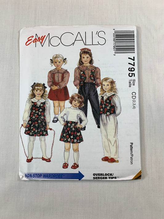 McCall's Sewing Pattern 7795 Girls' Lined Vest, Blouse, Shorts, Pants, Button Front, Collar, Elastic Waist, Suspenders, Long Sleeves, Size 2-4, Uncut, Vintage 1995