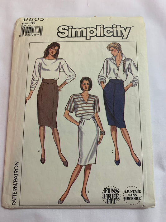 Simplicity Sewing Pattern 8505 Misses' Skirts, Zipper Back, Pleats, Pockets, Back Slit, Size 16, Cut, Vintage 1988