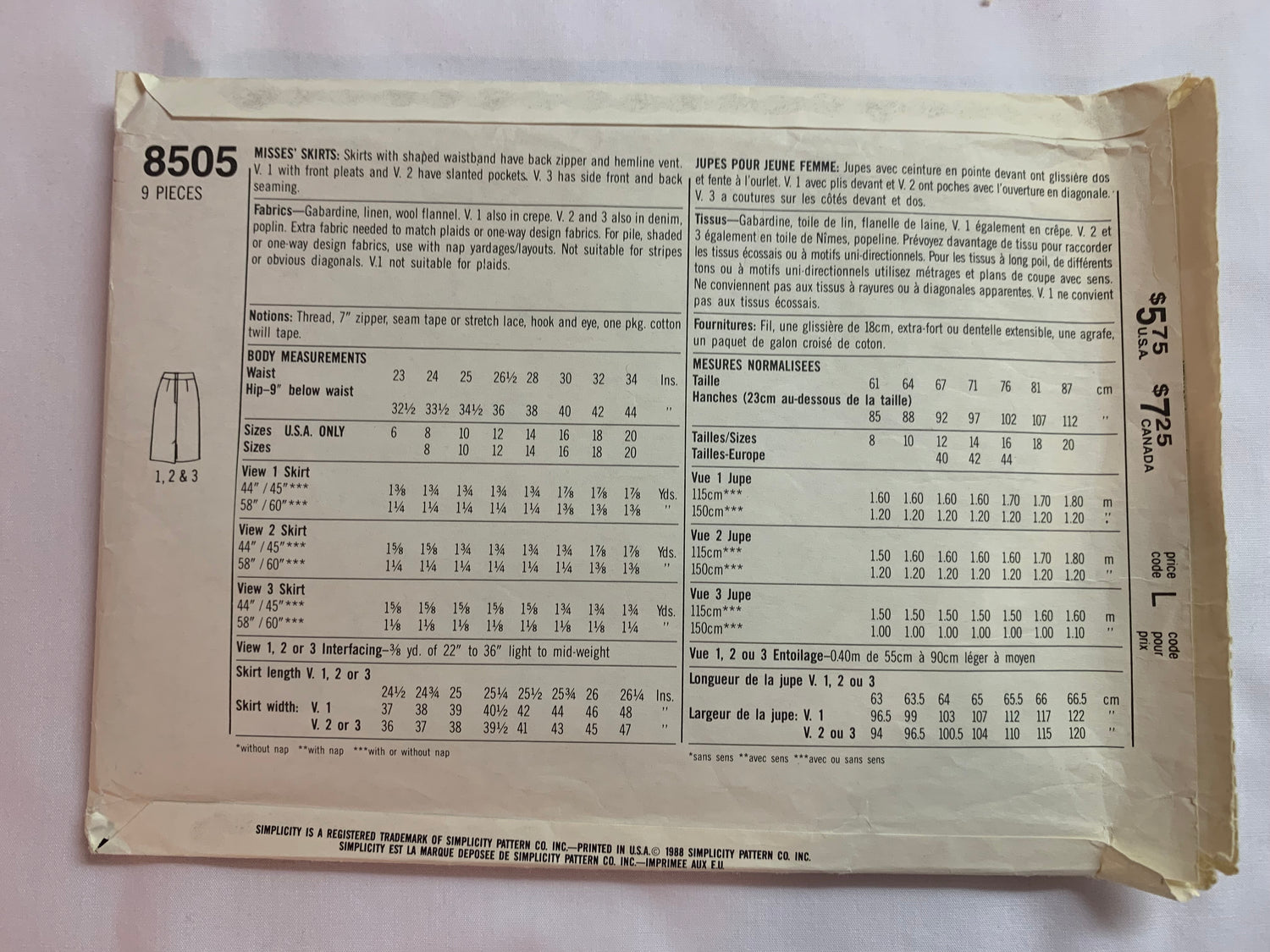 Simplicity Sewing Pattern 8505 Misses' Skirts, Zipper Back, Pleats, Pockets, Back Slit, Size 16, Cut, Vintage 1988