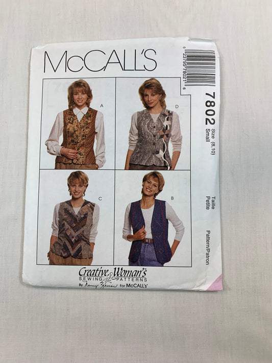 McCall's Sewing Pattern 7802 Misses' Vests, Button Front, Sleeveless, Darts, Fitted, Lined, Size 8-108, Uncut, Vintage 1995