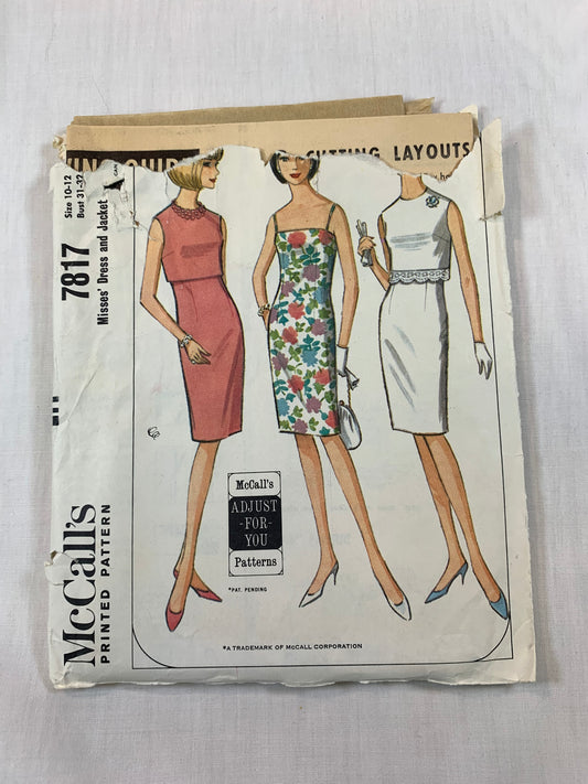 McCall's 7817 Misses' Dresses. Size 10-12, Cut, Vintage 1965