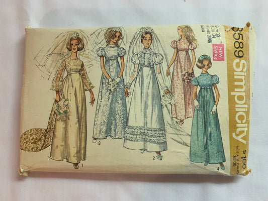 Simplicity Sewing Pattern 8589 Misses' Bridal/Wedding Gowns, Bridesmaids' Dress, Floor Length, Detachable Train, Ruffles, Long/Short Sleeves, Size 12, Cut, Vintage 1969