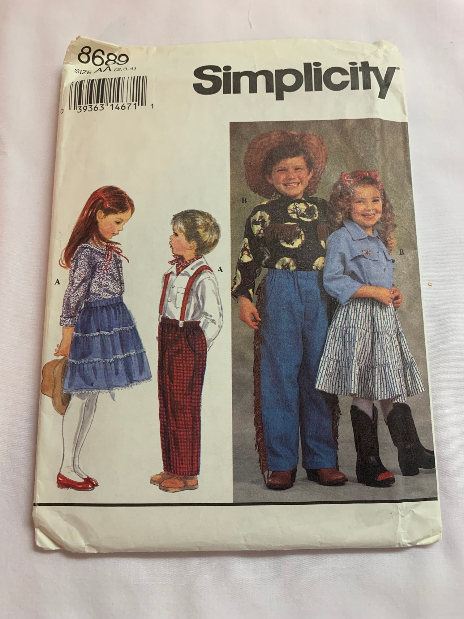 Simplicity Sewing Pattern 8689 Girls'/Boys' Western Pants, Skirt, Shirt, Pull-On, Elastic Waist, Collar, Pockets, Size 2-4, Cut, Vintage 1993
