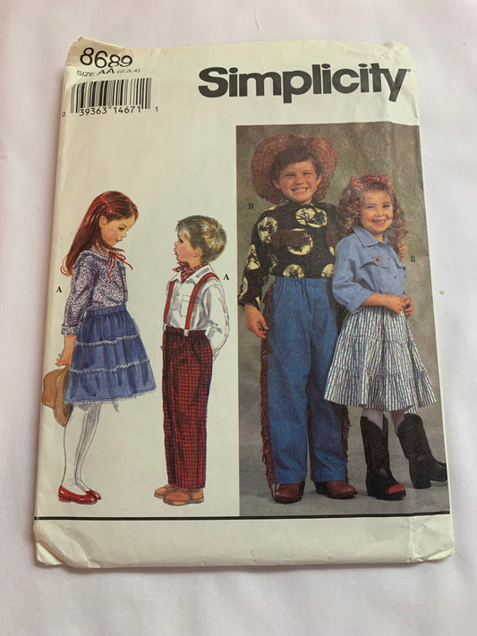 Simplicity Sewing Pattern 8689 Girls'/Boys' Western Pants, Skirt, Shirt, Pull-On, Elastic Waist, Collar, Pockets, Size 2-4, Cut, Vintage 1993
