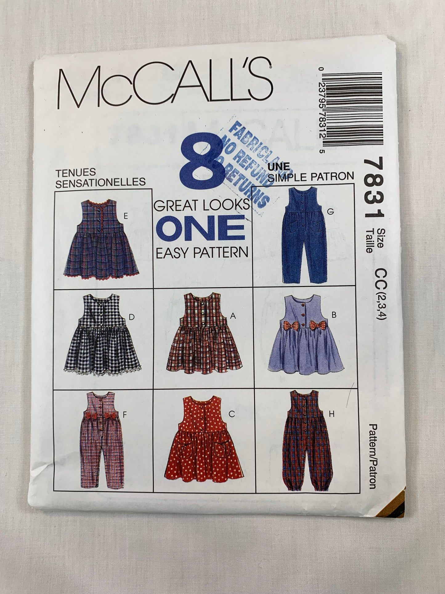 McCall's Sewing Pattern 7831 Toddlers' Jumpsuit, Jumper, Snap Crotch, Pockets, Size 2-4, Uncut, Vintage 1995