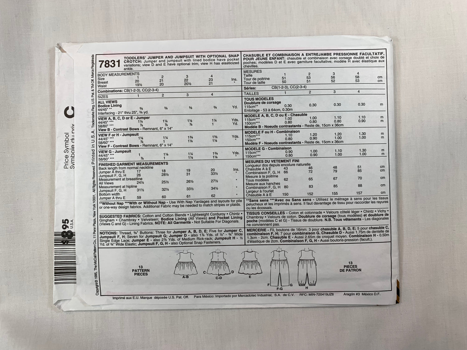 McCall's Sewing Pattern 7831 Toddlers' Jumpsuit, Jumper, Snap Crotch, Pockets, Size 2-4, Uncut, Vintage 1995