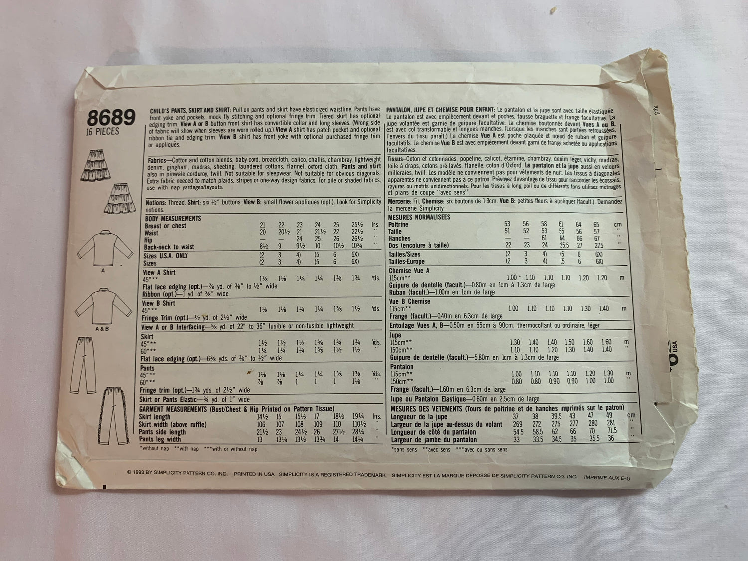 Simplicity Sewing Pattern 8689 Girls'/Boys' Western Pants, Skirt, Shirt, Pull-On, Elastic Waist, Collar, Pockets, Size 2-4, Cut, Vintage 1993
