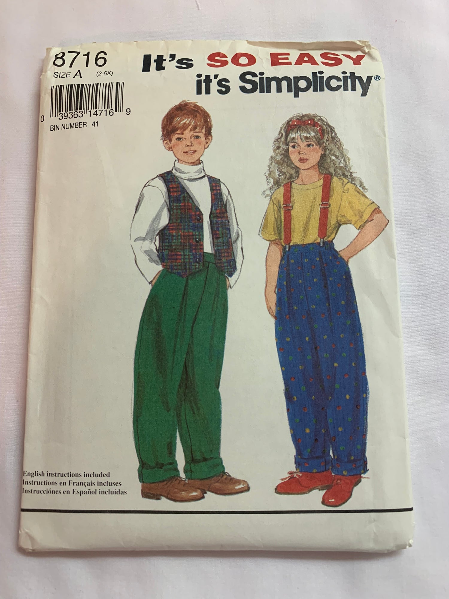 Simplicity Sewing Pattern 8716 Girls'/Boys' Pants, Lined Vest, Elastic Waist, Sleeveless, Tie Back, Size 2-6x, Cut, Vintage 1993