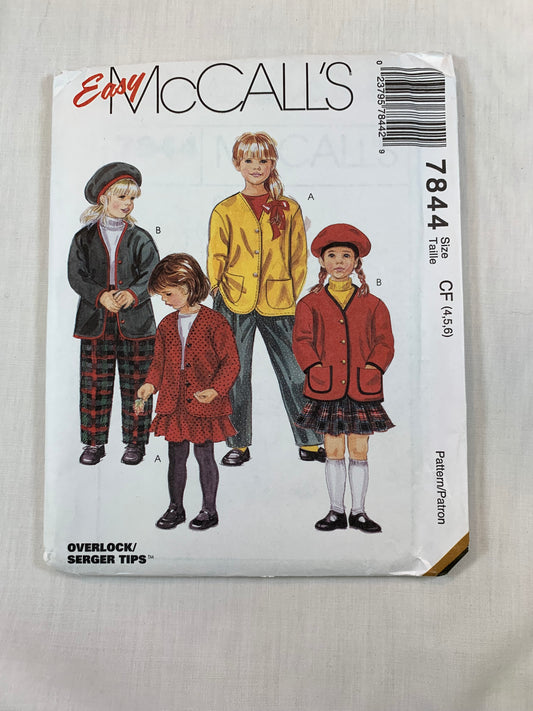 McCall's Sewing Pattern 7844 Girls' Cardigan, Skirt, Pants, Beret, Pockets, Elastic Waist, Button Front, Full Skirt, Size 4-6, Uncut, Vintage 1995