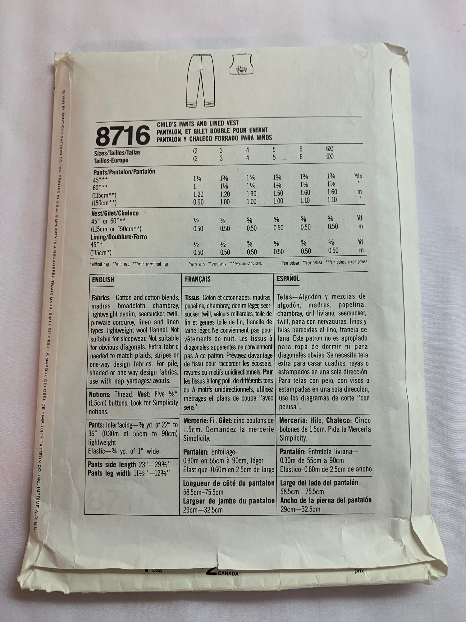 Simplicity Sewing Pattern 8716 Girls'/Boys' Pants, Lined Vest, Elastic Waist, Sleeveless, Tie Back, Size 2-6x, Cut, Vintage 1993