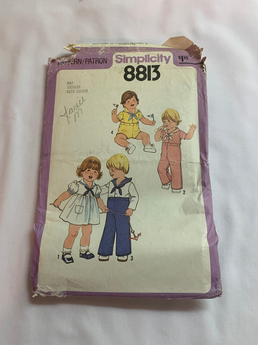 Simplicity Sewing Pattern 8813 Toddlers' Dress, Top, Pants, Shorts, Sailor Collar, Pockets, Long/Short Sleeves, Cut, Vintage 1978